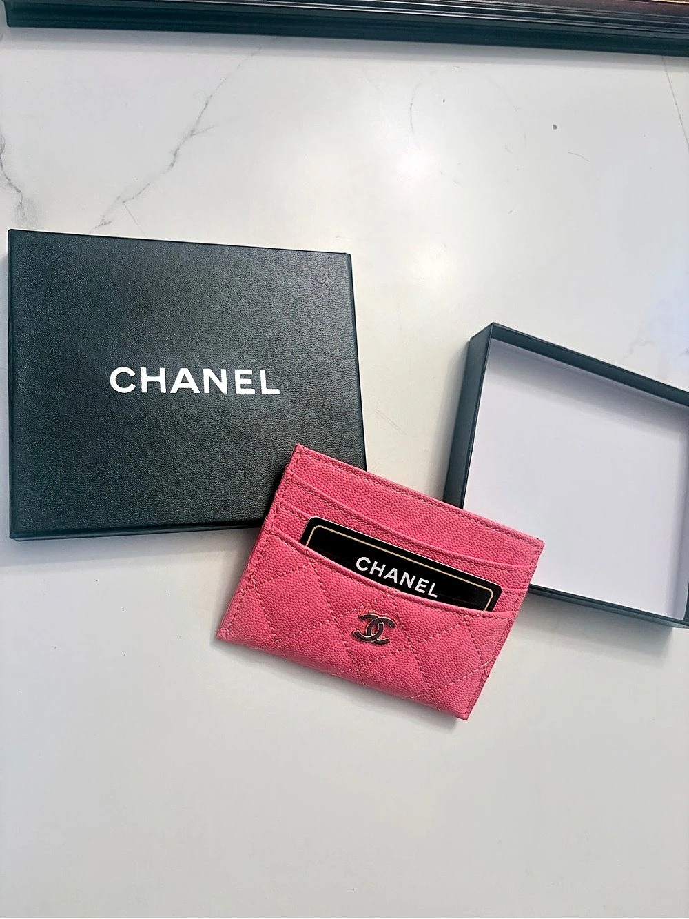 Chanel Quilted Caviar CC Card Holder Pink